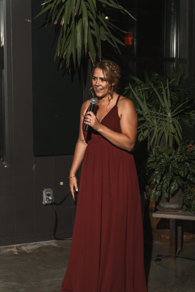 The Maid of Honor speech at Jordan & Logan's Wedding Reception on the Rooftop at Seventh Son Brewing Co in Columbus, OH