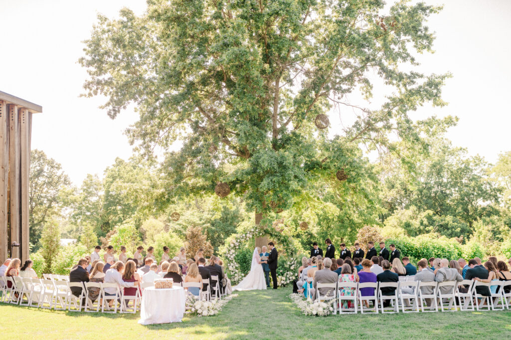 A view of Anna & Codey's Wedding Ceremony outside The Gardens at Jorgensen Farms in Westerville, Ohio
