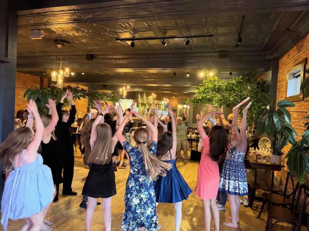 Isla and friends on the dance floor at her Bat Mitzvah in Columbus, OH