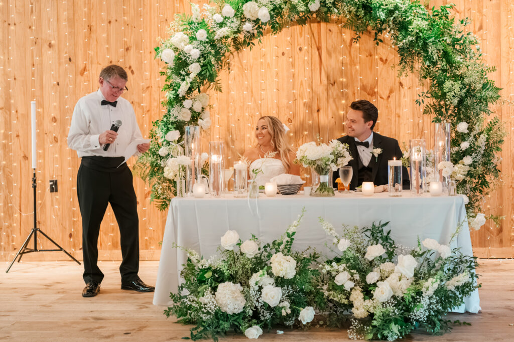 Anna's Dad welcomes everyone to Anna & Codey's Wedding Reception inside The Historic Barn at Jorgensen Farms in Westerville, OH