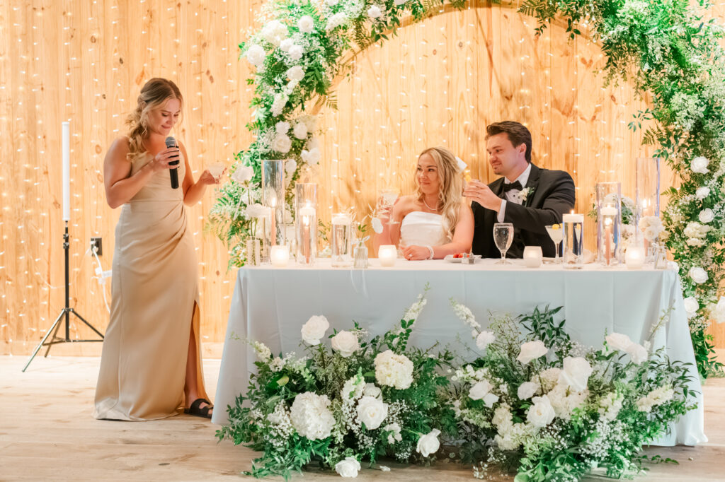 A speech from the matron of honor at Anna & Codey's Wedding Reception inside The Historic Barn at Jorgensen Farms in Westerville, OH