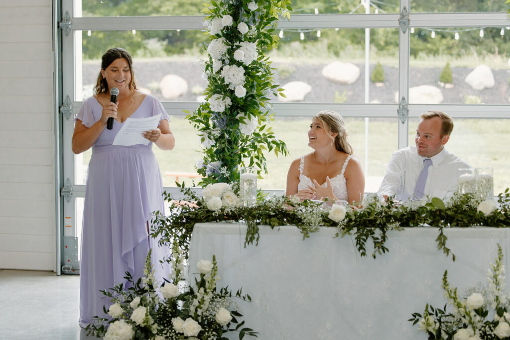 Allison's Sister and Maid of Honor making a speech during Allison & Joe's Wedding Reception at Williams Farm in Pataskala, Ohio