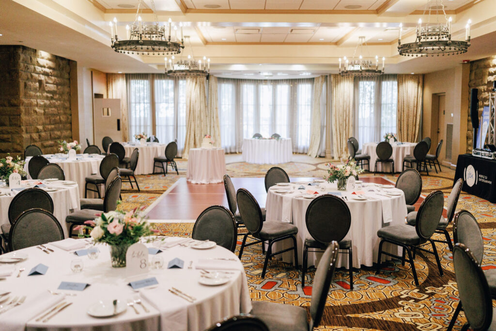 The setup for Ann & Bryse's Wedding Reception inside the Denison Room at The Granville Inn in Granville, Ohio