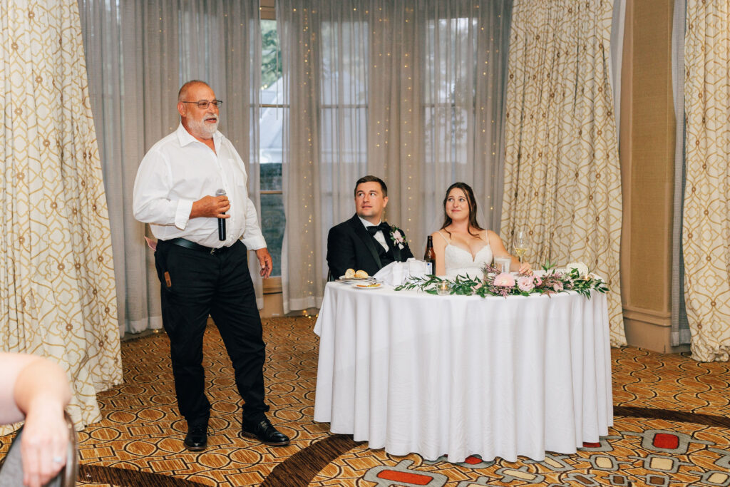 Bryse's Dad gives a speech during the wedding reception at Granville Inn in Granville, Ohio