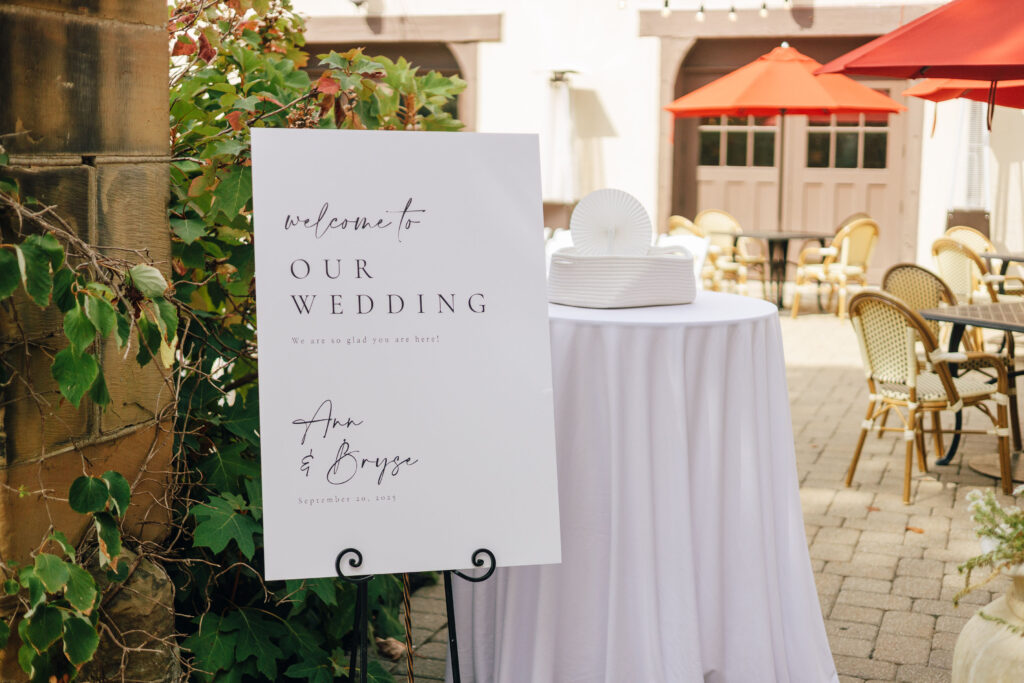 The sign welcoming Ann & Bryse's guests to their wedding at the Granville Inn in Granville, Ohio