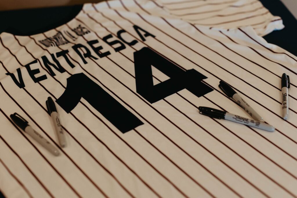The baseball jersey that served as Heidi & Rusty's guest book for their wedding reception at the Wenbeck Wedding & Events Center