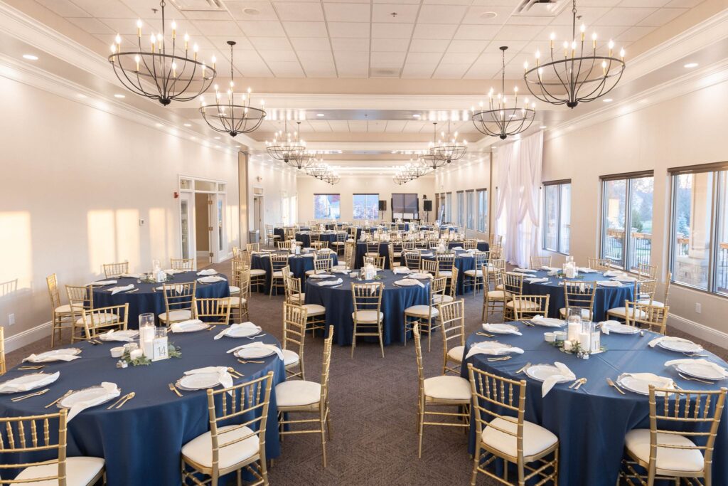 A picture of the beautifully decorated ballroom at the Wenbeck Wedding & Events Center, located in Lewis Center, Ohio