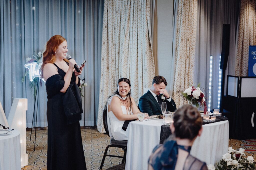 One of the Maids of Honor gives a speech at Morgan & Jonny's Wedding Reception in Granville, Ohio