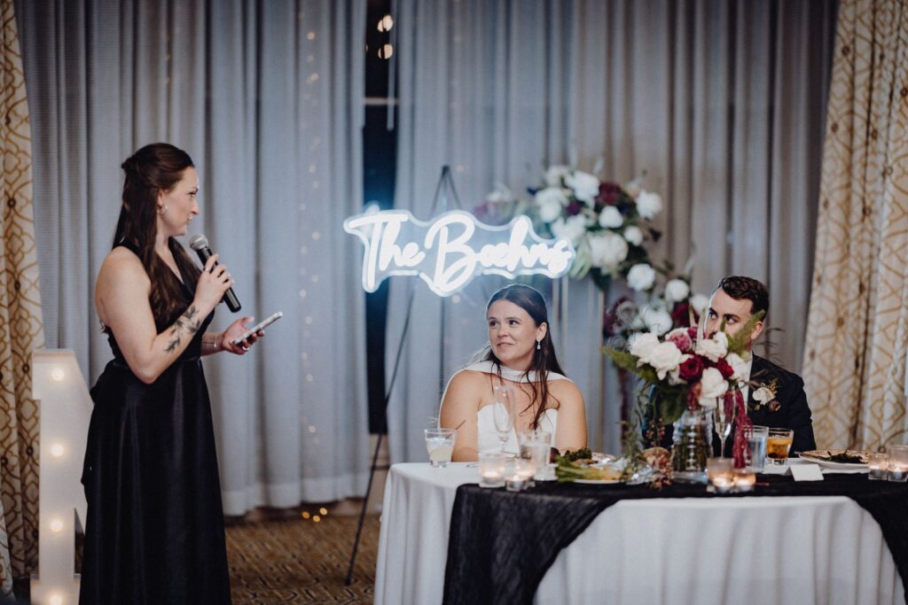 The other Maid of Honor gives a speech during Morgan & Jonny's Wedding Reception